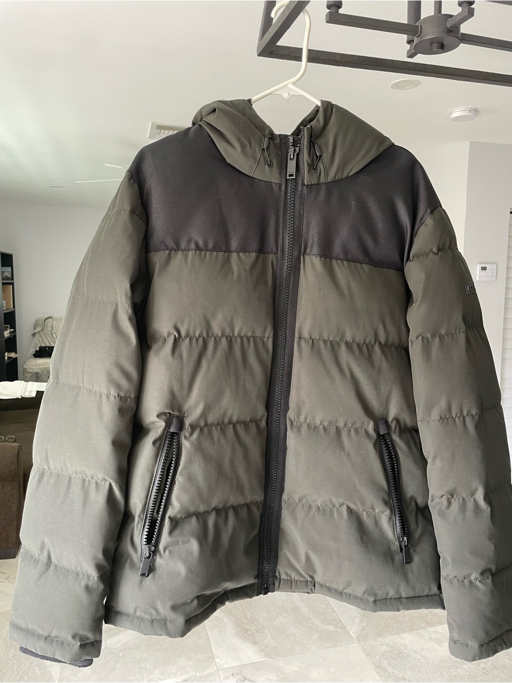 DKNY Two-Tone Hooded Puffer Jacket in Olive Green and Black